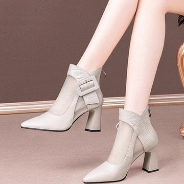 British Style Womens Chunky Heeled Cutout Ankle Boots