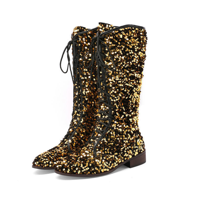 Glittery Round-toe Mid-heel Over-the-knee Boots With Front Lacing