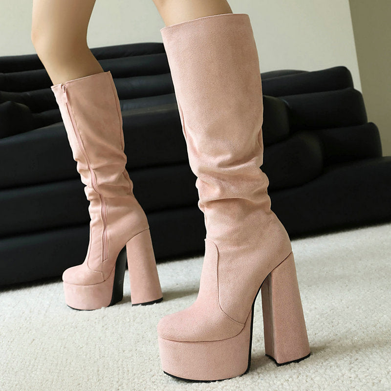 Womens Stretch Suede Waterproof Thick-soled High Heels