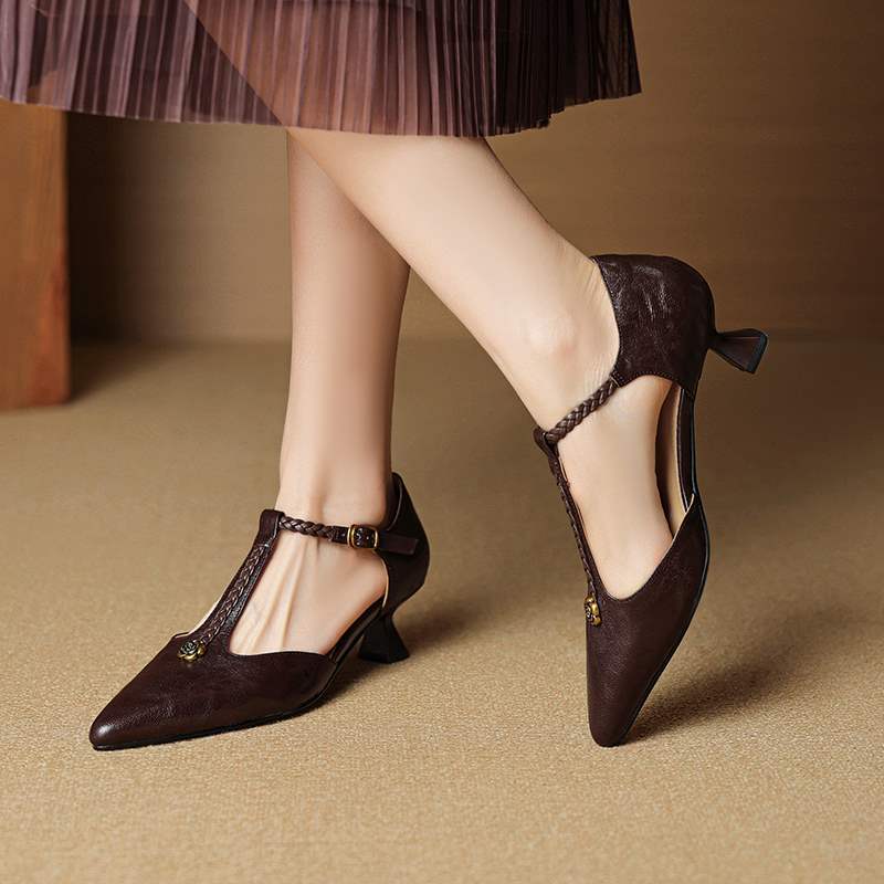 French Retro Camellia-Embellished Ballet Flats With Stiletto Heels