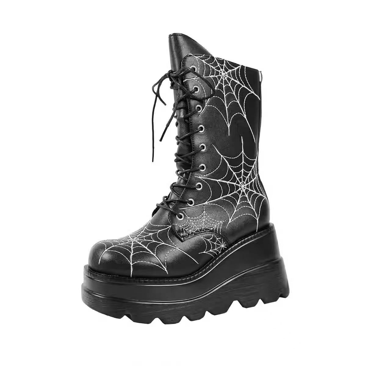 Womens Wedge-Heel Thick-Soled Spiderweb-Design Plus-Size Boots