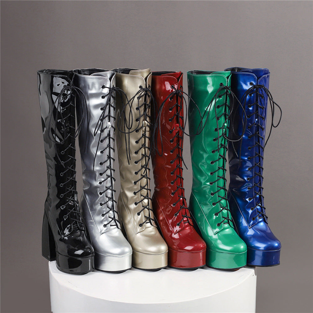 Womens Round-Toe Lace-Up Chunky-Heel Patent Leather Over-the-Knee Boots