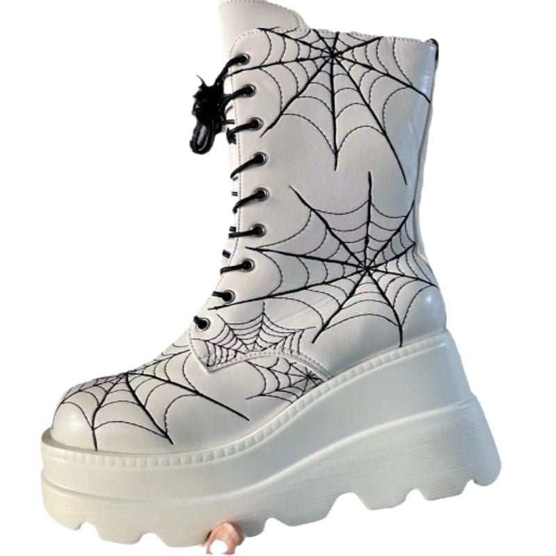 Womens Wedge-Heel Thick-Soled Spiderweb-Design Plus-Size Boots