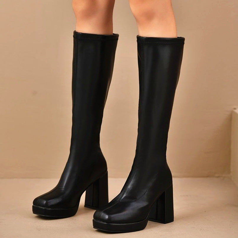Chunky-Heeled Slimming Plus-Size Womens Leather Boots With Round Toes And Tall Shafts