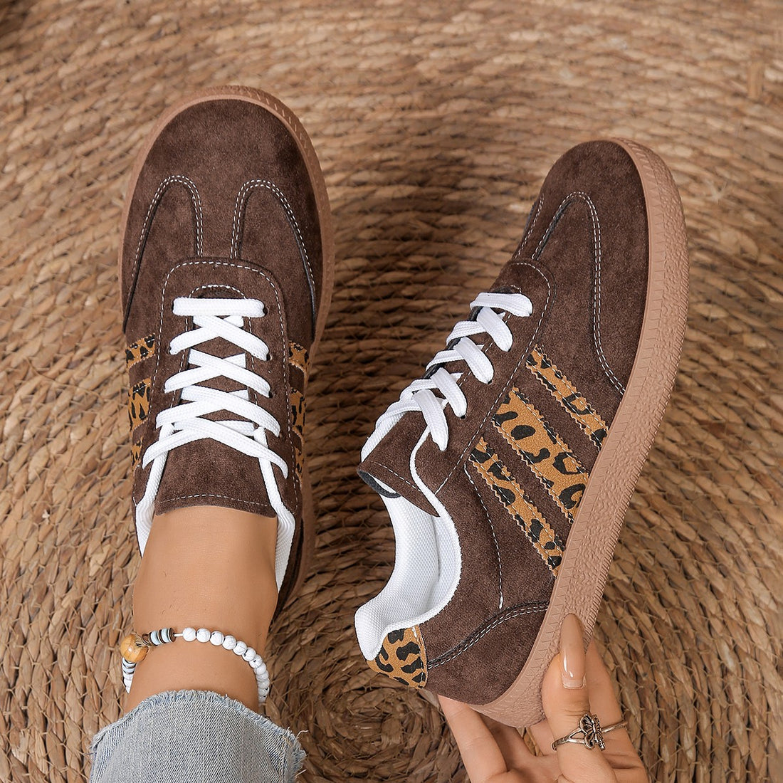 Lace-up Color-Block Round-Toe Leopard-Print Casual Shoes
