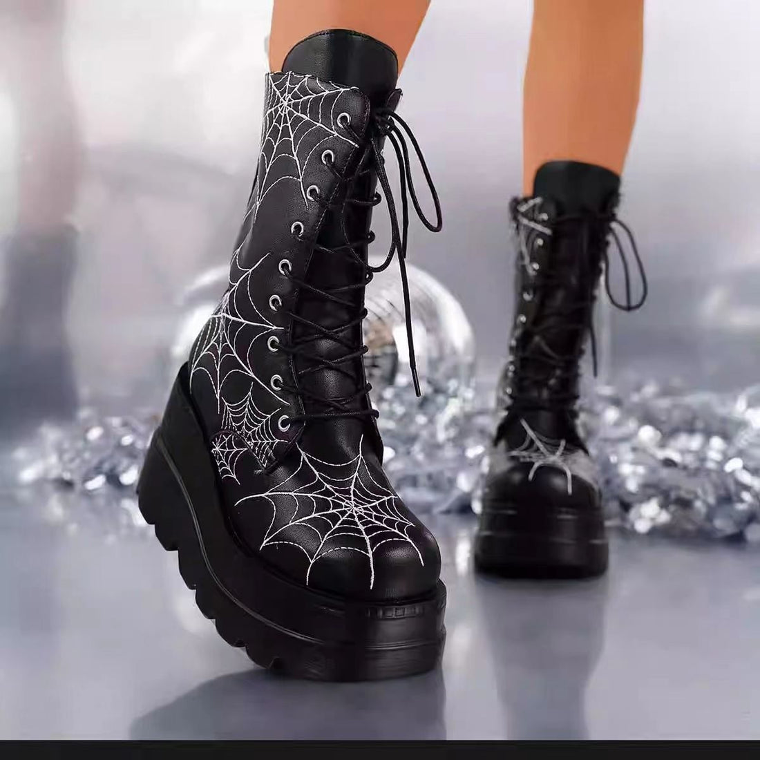 Womens Wedge-Heel Thick-Soled Spiderweb-Design Plus-Size Boots