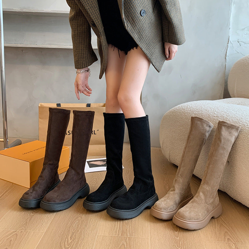 Womens Fashionable Round-toe Suede Chunky-soled Boots