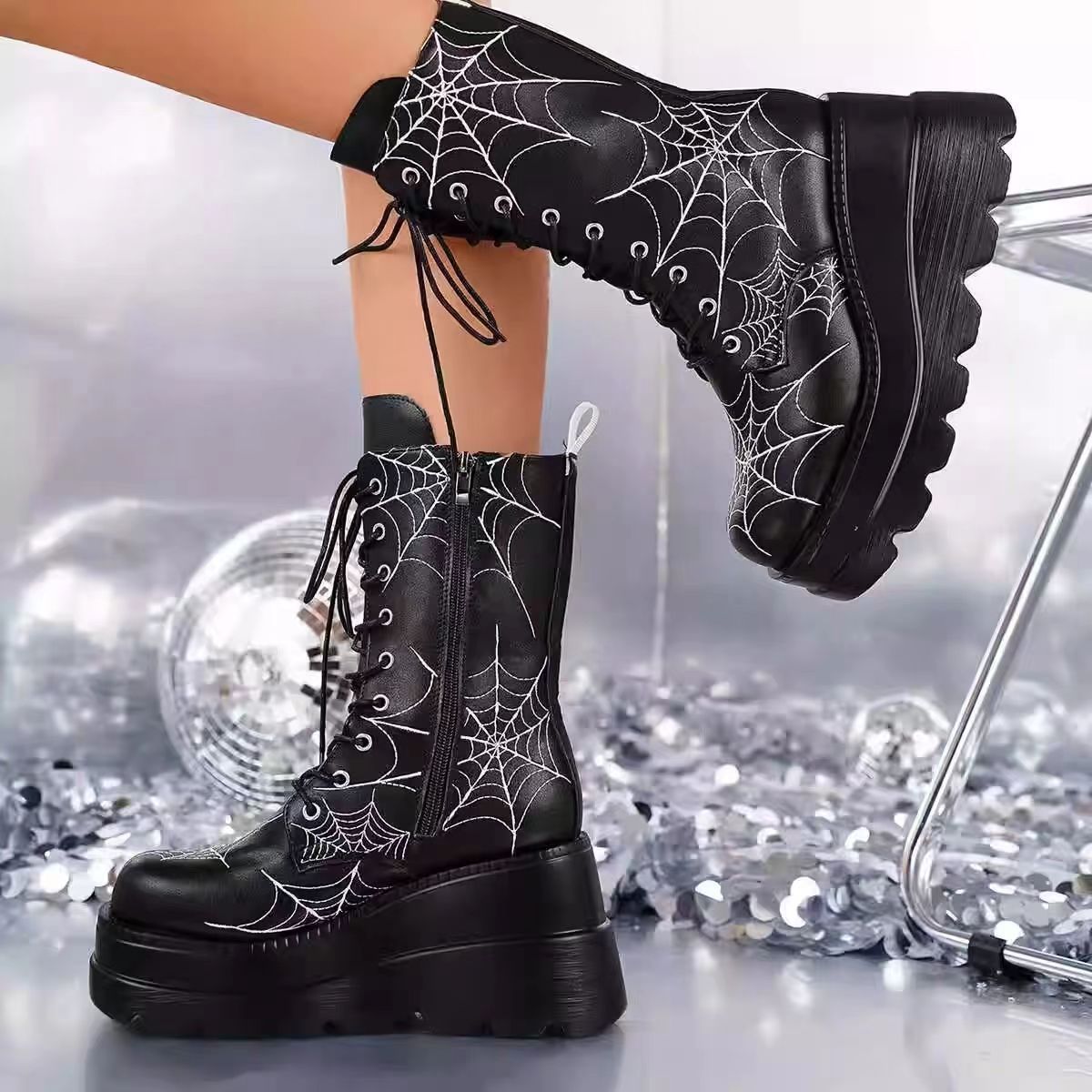 Womens Wedge-Heel Thick-Soled Spiderweb-Design Plus-Size Boots