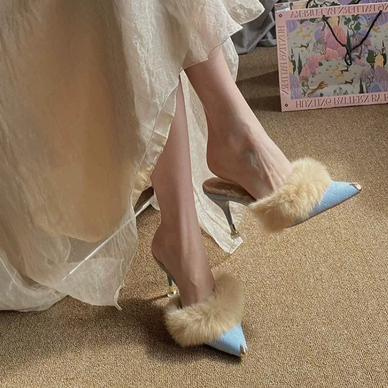 Elegant Fallwinter Furry High-heeled Slide Sandals For Women Perfect For Outdoor Wear