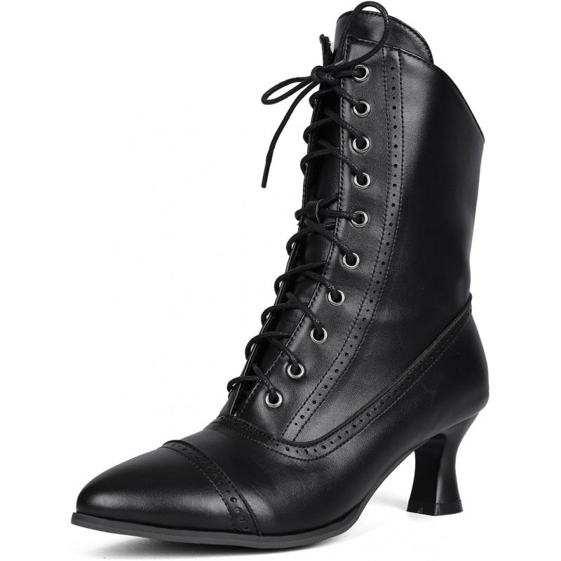 Womens Vintage Granny Renaissance-style Ankle Boots Low-heeled Lace-up Booties With Zippers